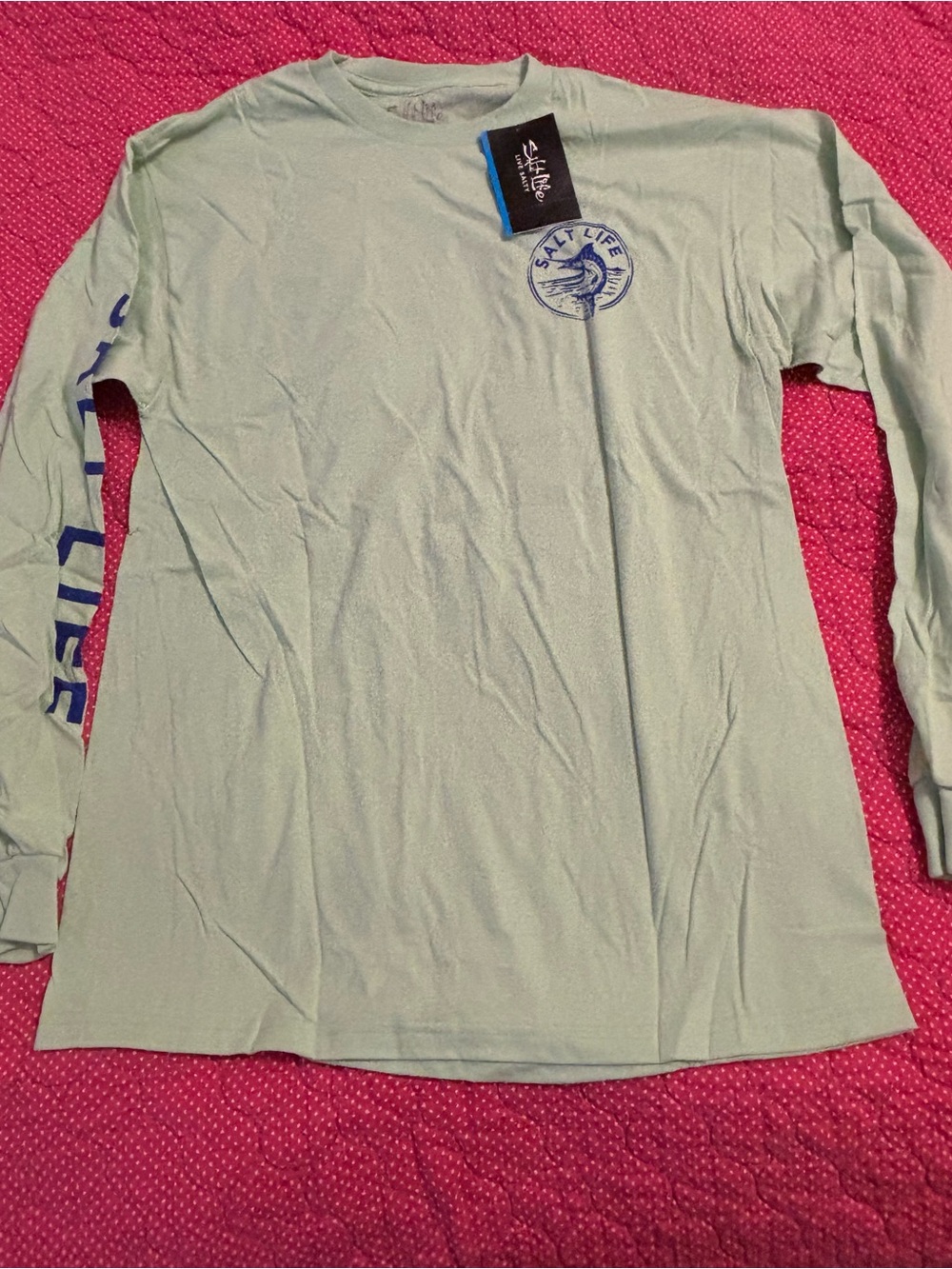 Salt Life Seafoam Long Sleeve Tee with Navy Logo and Sleeve Print